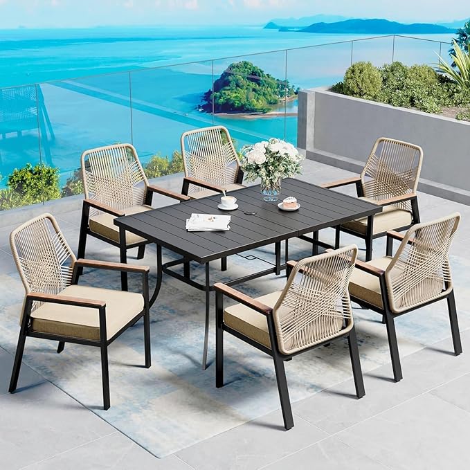 60" Patio Dining Table for 6, Rectangle Patio Table with Umbrella Hole,E-Coating and Powder Coating Steel Frame Metal Outdoor Patio Table for Garden Backyard Lawn Yard