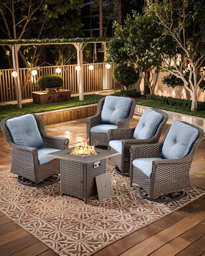 Outdoor Patio Swivel Gliders with Fire Pit Table 5 Piece Set - High Back Brown Wicker Rattan Rocking Chair with Thick Cushion for Porch Apartment Deck Yard Poolside Garden - Baby Blue