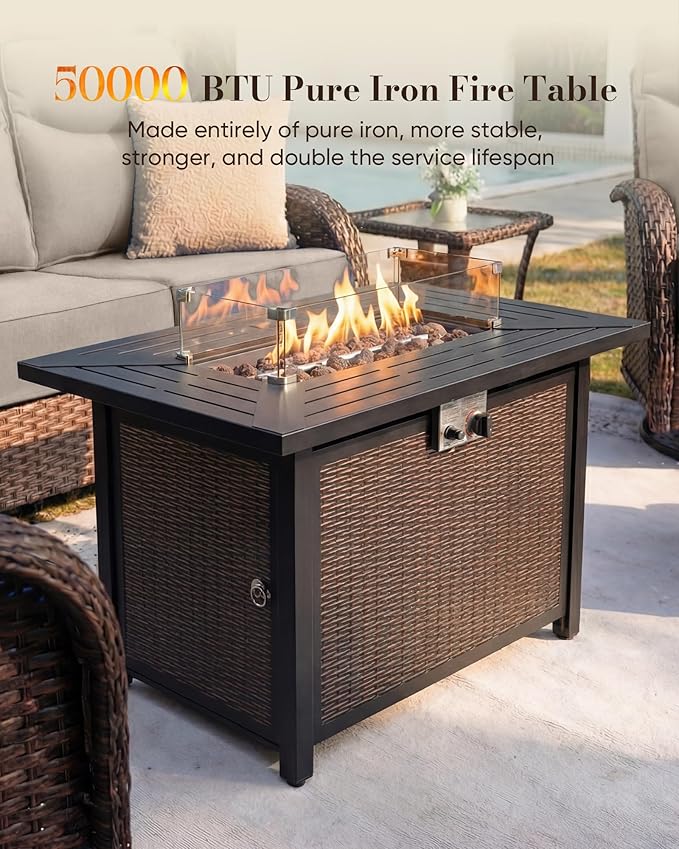 Belord Upgraded 6“ Cushion Luxury 5 Piece Patio Furniture Set with Fire Pit Table - Outdoor Furniture Set with High Back Swivel Rocker Patio Chairs, Conversation Set for Deck Porch Yard - Brown/Beige
