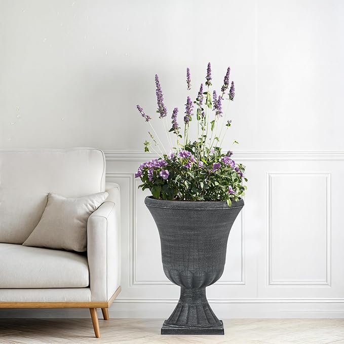 Autodaya 22" Urn Planters Outdoor Planter for Plants Set of 2 Timeless Plastic Large Flower Pot with Drainage Hole Handmade Washed Black Finish Garden Pots for Porch, Patio Christmas Decor