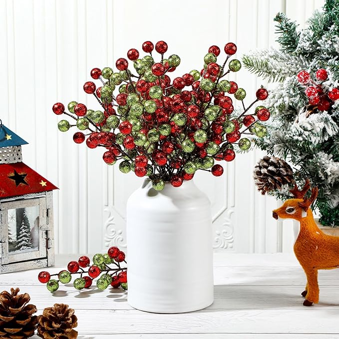 24 Pcs Christmas Glitter Berries Stems, 8.8" H Artificial Christmas Picks for Xmas Tree Ornaments, Holiday Wreath DIY Crafts, Xmas and Home Decor(Red, Green)