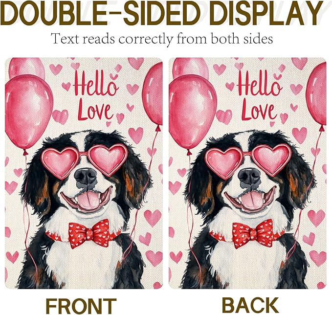 Valentine's Day Bernese Mountain Hello Love Garden Flag, House Yard Plaid Love Heart Outside Decoration, Spring Holiday Wedding Anniversary Outdoor Small Decor 12x18(12620)