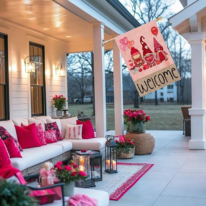 Welcome Valentines Day Gnomes House Flag 28x40 Inch Double Sided Outside Red Balloon for Outdoor Farmhouse Anniversary Holiday Yard Valentine Decoration FF-225