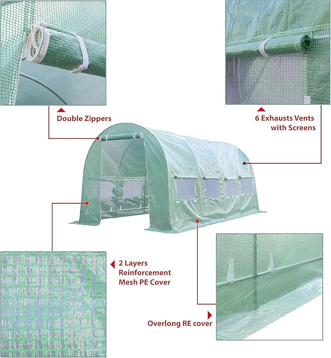 Replacement Cover for Portable Greenhouse, Large Walk-in Green Hot Garden House Top Tarp 2 Zippered Doors 8 Roll-up Windows (Frame Does NOT Included) (20 x 10 x 7 ft)