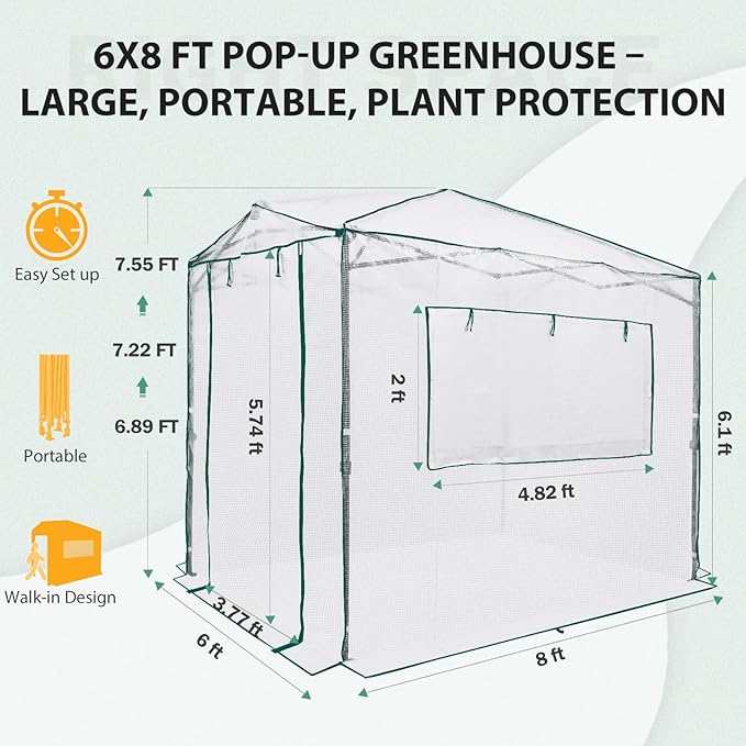 EAGLE PEAK Instant Pop-up Greenhouse, Indoor Outdoor Plant Gardening Green House, Roll-Up Zipper Doors and Side Windows, Walk in 8x6 ft, White/Clear
