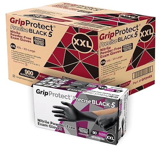 GripProtect Precise Black 5 Nitrile Exam Gloves | 5 Mil Thickness | Chemo-Rated, Fentanyl Resistant | Medical, Law Enforcement, Tattoo, Dental, Janitorial, Food & Agriculture
