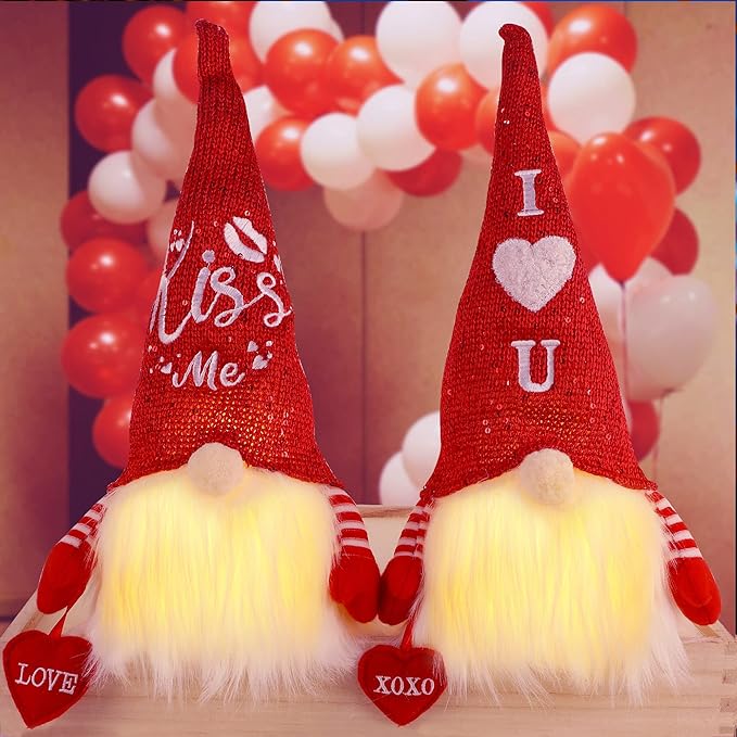 Juegoal 2 Pack Lighted Valentines Gnomes Decorations, 14.5 Inch Handmade Scandinavian Swedish Tomte, Light Up Elf Toy Holiday, Battery Operated Valentine Gift Tabletop Ornament