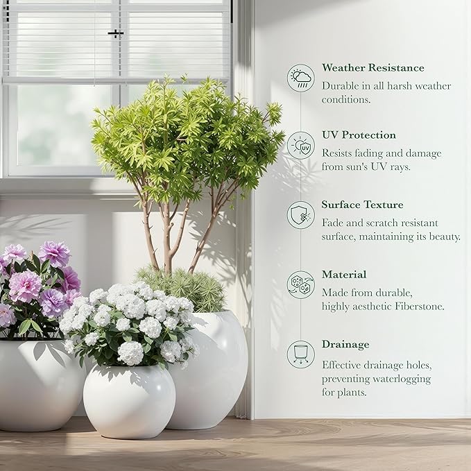 DTY Signature Mount Sherman Modern Indoor Outdoor Fiberstone Sphere Planter, Durable Round Garden Pot, Weather Resistant, Drainage Hole & Rubber Plug, Planter for Christmas Tree - Medium, White