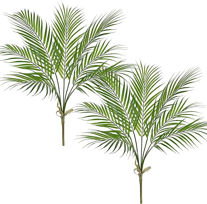 2PCS Artificial Palm Plant Leaves 27.5" Fake Tropical Areca Palm Bushes Tree Leaf Large Faux Greenery Stem Shrubs for Indoor Outdoor Home Garden Arrangement Jungle Safari Wedding Party Decor, 7 Leaves