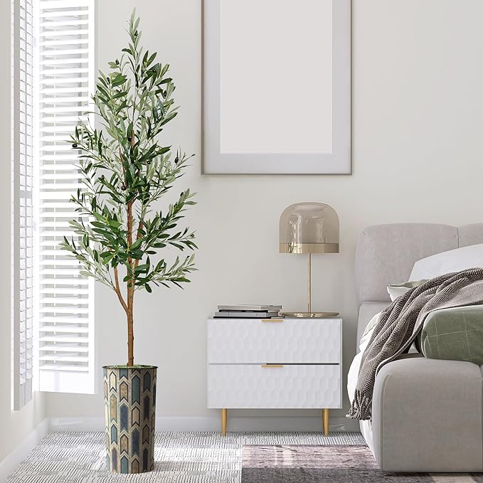 Artificial Tree in Modern Polygon Pattern Effect Planter, Fake Olive Silk Tree for Indoor and Outdoor Home Decoration - 68" Overall Tall (Plant Pot Plus Tree)