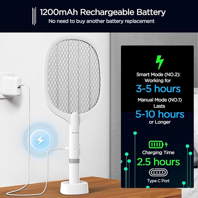 2 Pack Electric Fly Swatter, Rechargeable Mosquito Electric Racket to Kill Mosquitoes, Portable Handheld Cordless 3000V Bug Zapper Racket for Indoor Home Office Wasps, Gnats, Fruit Flies, Flies