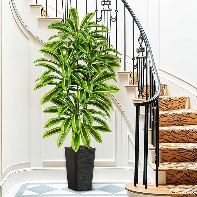 Artificial Yellow Dracaena Tree - 6FT Tall Fake Plants with Black Planter - Artificial Plants Indoor Floor Plant in Pot - Large Tropical Fake Yucca Potted Tree for Home Office Living Room Decor