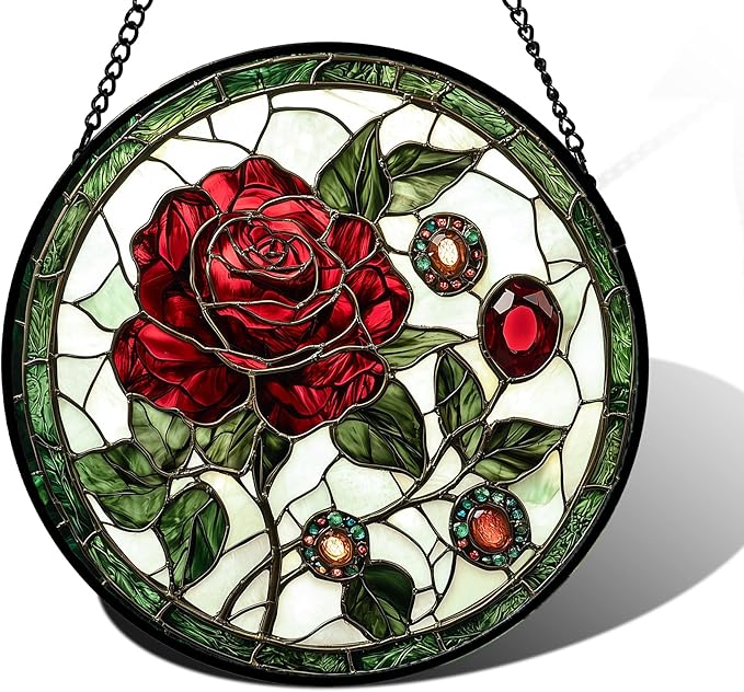DASTOLL Stained Glass Window Hanging, Red Rose Gemstone Green Sun Catchers Diamond Glass Panel Hangings Suncatcher Decor for Birthday for Women, Men, Wife, Aunt, and Mom 6.3 in
