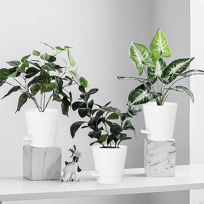 zople 5 Pack 5 inch Self-Watering Pots, African Violets Planter with Drainage Holes and Reservoir, White Plastic Planter for Indoor Outdoor Plants Flowers and Houseplants White, 5 inch 5 pcs
