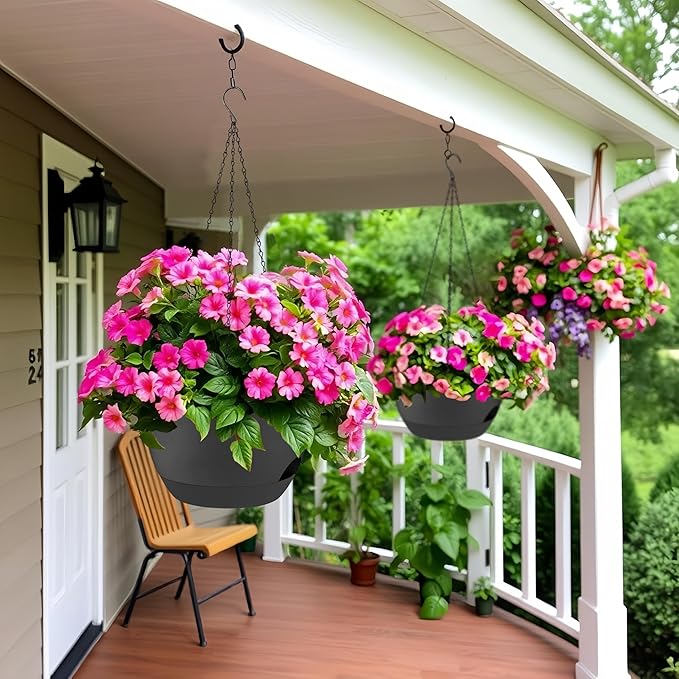 zople 2 Pack 12 Inch Large Hanging Planters with Chains Self Watering Black Plastic Hanging Pots for Indoor Outdoor Plants, Garden Porch Home Decor，Black