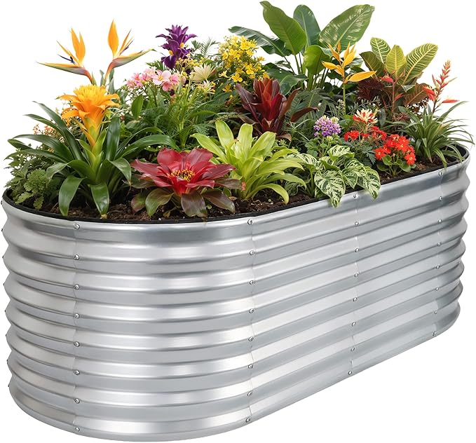 Galvanized Raised Garden Bed Outdoor 24'' Deep | Oval Metal Garden Beds with Easy Assembly & Planter Box for Planting Deep Root Vegetables Fruits Flowers, 4x2x2ft Silver