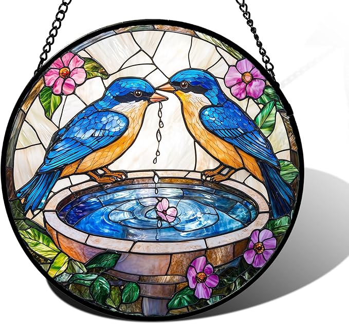 Stained Glass Window Hanging, 2 Blue Birds Suncatcher Diamond Glass Panel Hangings Bird Lover Sun Catchers Decor for Birthday for Women, Men, Wife, Aunt, and Mom 7.8 in