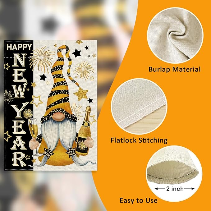 Happy New Year Gnome Decorative Garden Flag, Christmas Winter Celebration Champagne Fireworks Stars Yard Decorations, 2026 Black Gold Outdoor Small Burlap Home Decor Double Sided 12 x 18