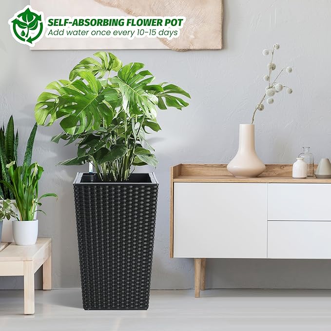 GarveeLife 16 Inch Tall Rattan Planter Set of 2, Large Self-Watering Pot with Water Level Monitor Outdoor and Indoor for Patio, Porch, Living Room, or Home Office, Black