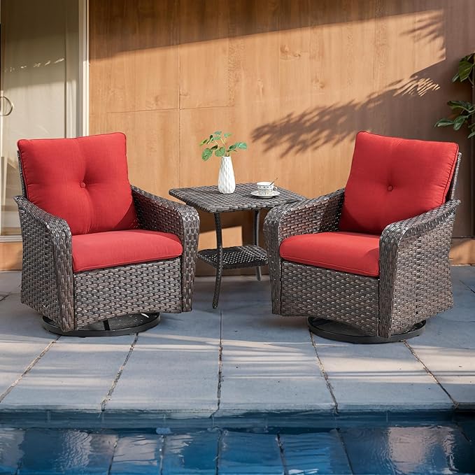Rilyson Outdoor Patio Swivel Rocker Chairs - 6 PC Wicker Patio Bistro Sets with High Back,Comfy Cushions,Deep Seating and Side Table for Porch Deck Backyard Garden(Brown/Red)