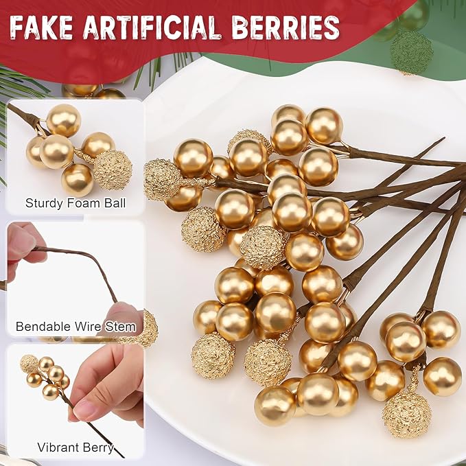 10pcs Glitter Fake Artificial Gold Berries Picks Christmas Tree Decorations Foam Flower Core Wedding Garland Holiday Party Photography Props