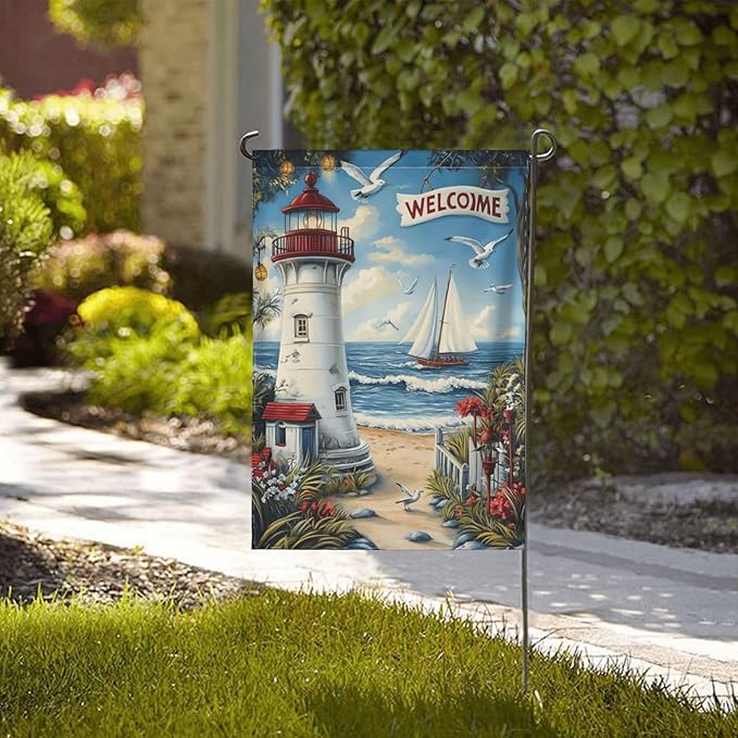 Lighthouse With Beach Garden Flag 12x18 Inch Double Sided All-Weather Polyester Outdoor Flag For Patio Lawn Yard And Garden Welcome Decor