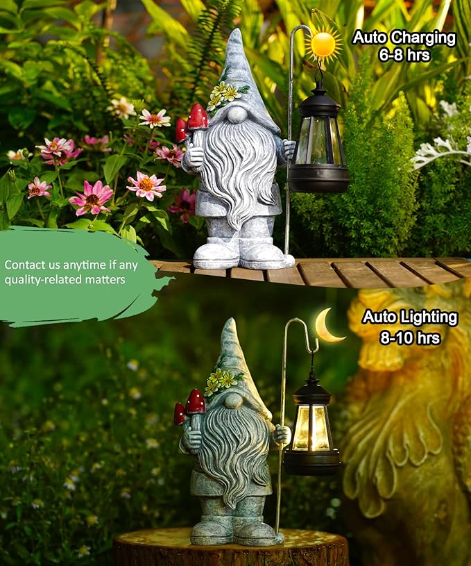 Garden Gnome Statue with Solar Lights Lantern,Outdoor Sculpture Home Decor for Yard Lawn Balcony Patio Porch,Gardening Gifts for Mom Women Grandma