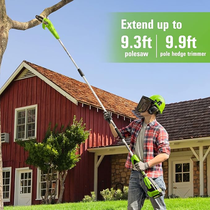 Greenworks 24V 8" Cordless Polesaw + 20" Pole Hedge Trimmer Combo (Great For Pruning and Trimming Branches / Shrubs), 2.0Ah Battery and Charger Included