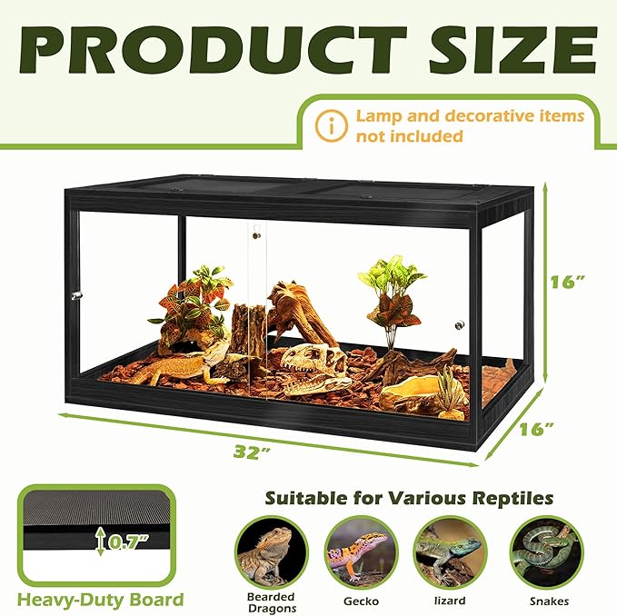 Prolee Tempered Glass Bearded Dragon Tank,Reptile Encloure and Snake Tank with Metal Mesh Roof Door,Locking Design Reptile Tank for Lizard,Gecko,Chameleon (Black, 32 Gallon (32x16x16 Inch))