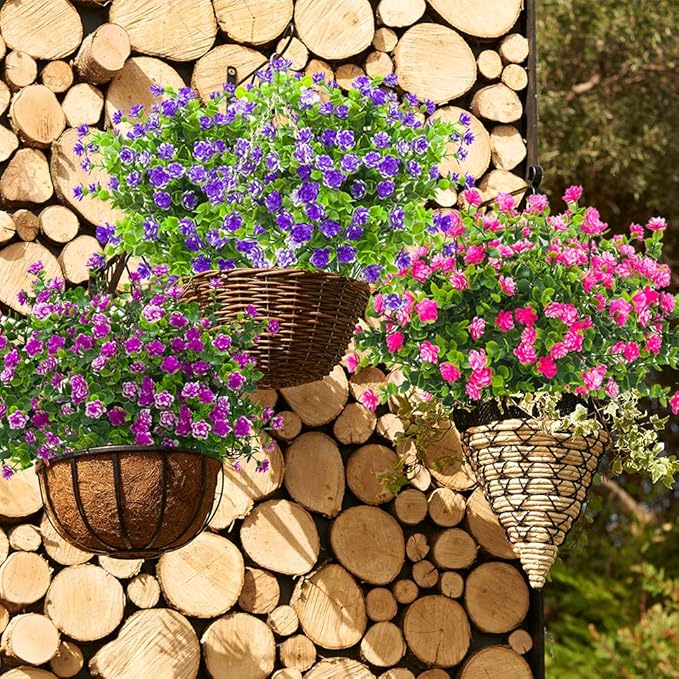 Grunyia Artificial Flowers, Fake Outdoor UV Resistant Plants Faux Plastic Greenery Shrubs Indoor Outside Hanging Planter Home Kitchen Office Wedding, Garden Decor (Pink)