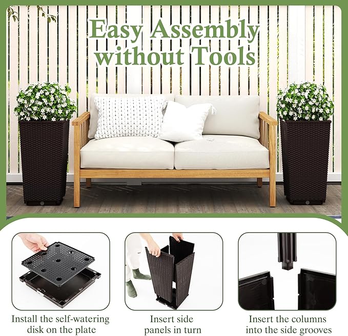 Giantex Set of 2 Outdoor Wicker Flower Pot, 23 Inch Tall Planters with Drainage Hole, Self-Watering Tray, Rattan Flower Pots, Indoor Outdoor Decoration for Front Porch Balcony Entryway (Dark Brown)