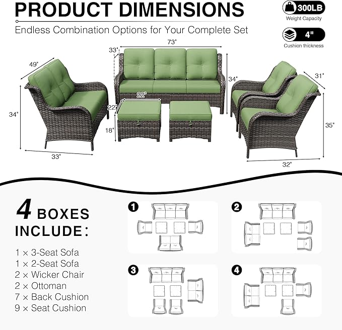 Joyside 6 Piece Wicker Patio Furniture Set, Rattan Patio Chairs with High Back, Deep Seating, Wide Armrest, Thickened Cushions, Outdoor Furniture for Deck, Porch Use