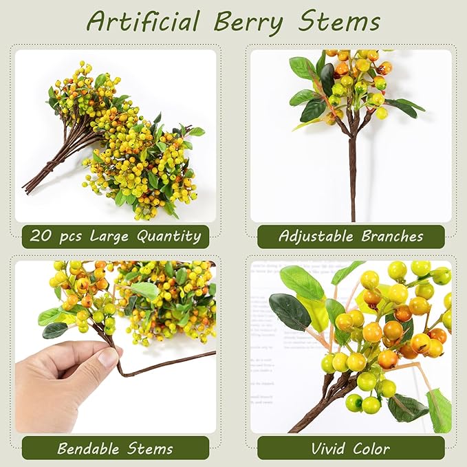 SHACOS Artificial Orange Fall Berry Stems 20 PCS Fake Berries Branches Spray with Green Leaves 9.8 inch Small Berry Picks for Thanksgiving Christmas Floral Crafts Home Decor, Orange Yellow