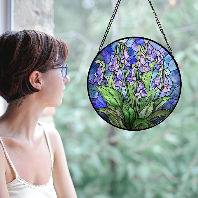 AMDERVEN Stained Glass Suncatcher, Blue Purple Flowers Green Leaves Sun Catcher Plants Stain Glass Window Hanging Decoration Mother's Day Birthday Gifts for Women Men Mom and Nana 6.3 in