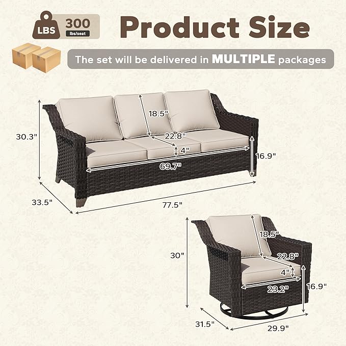 5 Pieces Patio Conversation Furniture Set - 1 Sofa, 4 Swivel Chairs, Outdoor Wicker Furniture with Removable Cushions for Porch, Balcony, Sunroom (Beige)
