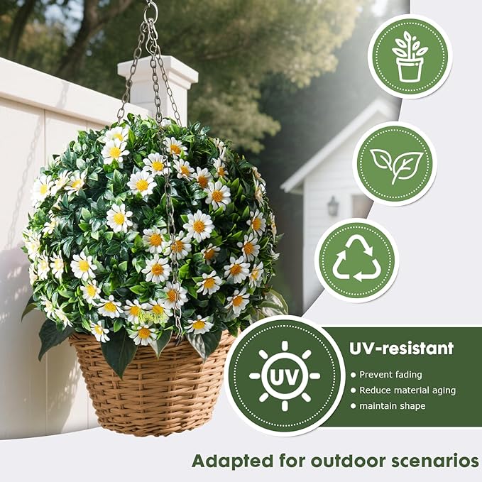 Set of 2 Artificial Topiary Ball Trees with White Mum for Outdoor with Ground Spike,22" UV Resistant Faux Boxwood Ball Tree, Fake Green Boxwood Plants for Garden, Yard, Porch, Patio Decor