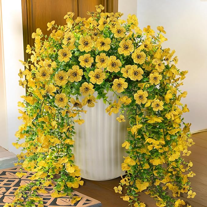 Artificial Hanging Flowers Plants for Outdoor Fall Decoration, 2PCS Faux Silk Daisy UV Resistant Look Real for Outside Home Indoor Planter Porch Garden Yard Autumn Decor(Yellow)