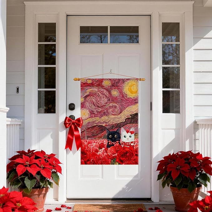 Valentine’s Day Starry Sky Inspired Couple Cats Romantic Rose House Flag large 28X40 Inch Big Vertical Double Sided Yard Outdoor Outside Holiday Decoration