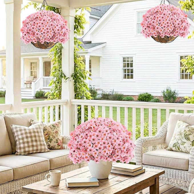 22 Pack Artificial Flowers Outdoor, Faux Flowers UV Resistant with Plastic Plants, Faux Silk Flowers for Outdoors Outside Front Porch Hanging Planter Window Box Garden Decoration(Pink)
