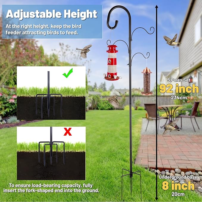 Eyrizon 4-Hook Bird Feeder Pole for Outdoor,92 Inch Heavy Duty Shepherds Hooks with 5 Prongs Base,Adjustable Garden Hook for Hanging Plant,Hummingbird Feeder,Solar Light,Lantern