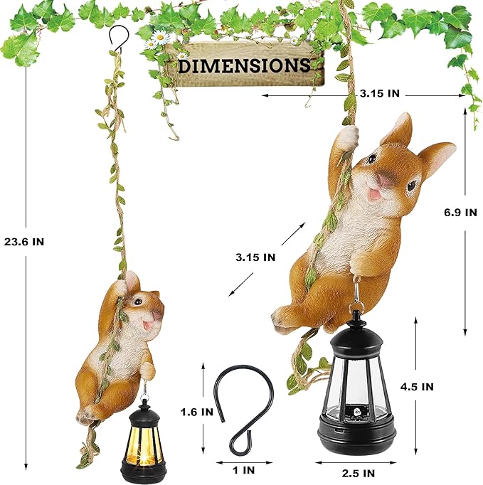 Solar Hanging Bunny Rabbit Statue, Outdoor Resin Animal Figurine with LED Lights for Garden, Fence, Porch, Patio, Yard Decor, Dusk to Dawn Auto On/Off