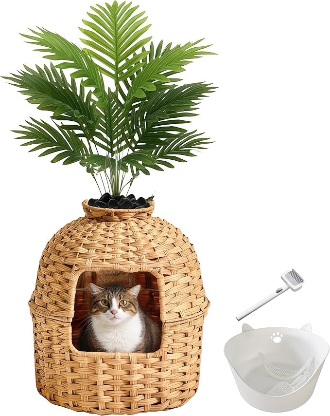 Cat Litter Box Enclosure Furniture with Artificial Plant - Handwoven Rattan Round Planter, Easy Clean, for Living Room, Bedroom, Corner, Natural Decor