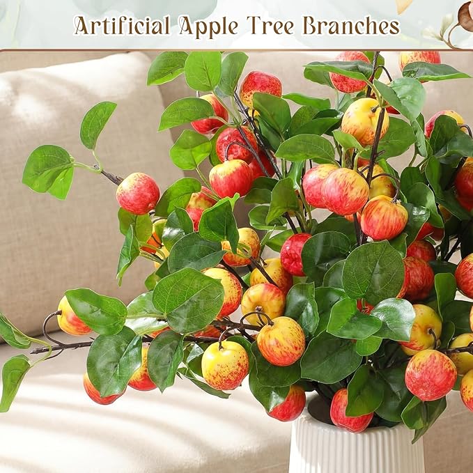 10 Pcs 27.56 Inches Artificial Fake Apple Branches Realistic Tall Apple Bouquets Tree Branch with Long Stem and Green Leaves Fruit Plant for Home Office Vase Filler Shop