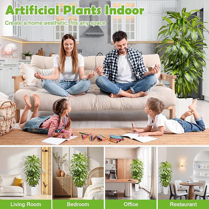 6FT Fake Tall Plant Artificial Dracaena Tree Indoor Faux Plants Indoor Luxury Fake Plants for Living Room Decor Artificial Tree Floor Plant White Planter