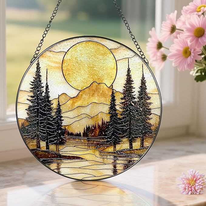 8-Inch Stained Glass Ornament, Stained Glass Window Hanging, Window Hanging Decor Suncatcher, Mountain Sunset Ornament | Holiday, Mother’s Day, Housewarming | Gifts for Nature Lovers, Friend & Family