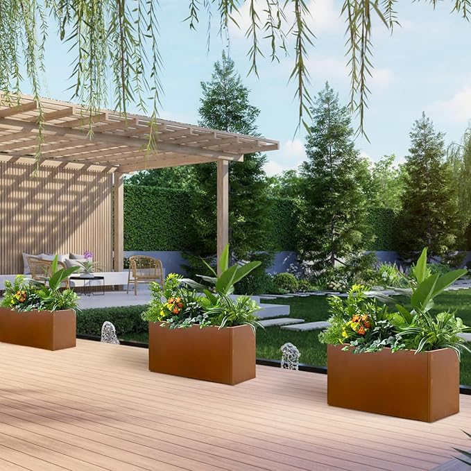 GZGNEEVL Corten Steel Planter Box Rectangular Planters Large Outdoor Planter Metal Planter Box for Tall Plant Trough Rustic Patina for Garden Yard Commercial Residential Farm 16 in x 31.5 in x 16 in