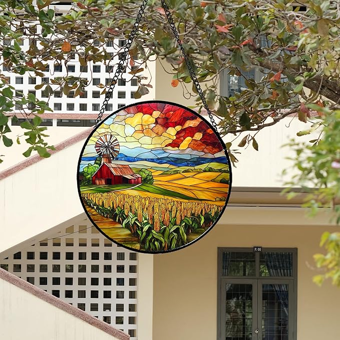 HWRHTR Stained Glass Window Hanging Autumn Farm Corn Harvest Landscape Large 11.8" - Suncatcher Garden Door Sun Catcher Home Decor Birthday Christmas for Woman Mom Friend Men Nana