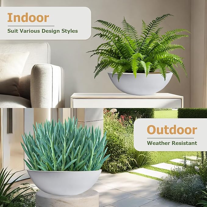 KUTE NEST 7.7" H x 22" D Round Bowl Fiberstone Planter for Succulent and Lotus with Drainage Hole, Smooth Finishes, Weather Resistant, Included 2 Extra Coco Mats (White, 19.9" Pot Opening)
