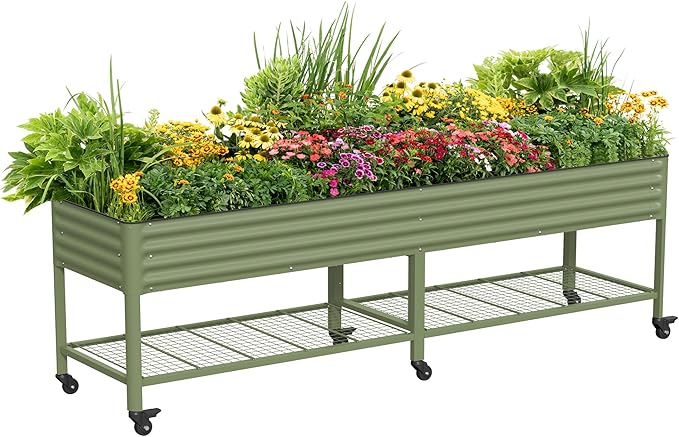 Rolling Elevated Raised Garden Bed - Jumbo Series, 2.5' x 10' Outdoor Planters Boxes with Legs & Storage Rack for Patio, 2000+ Lbs Weight Capacity, Raised Beds for Gardening Herbs Flowers, Olive Green