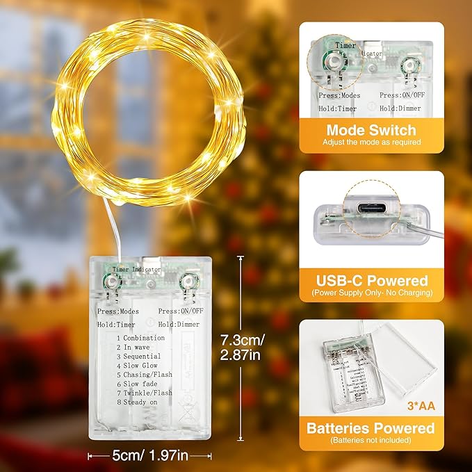 6 Pack 16FT 50 LED Fairy Lights Battery Operated with Timer, 8 Modes USB Mini Twinkle Light, Small String Lights for Tree Wreath Vase Bedroom DIY Holoday Wedding Decorations-Warm White